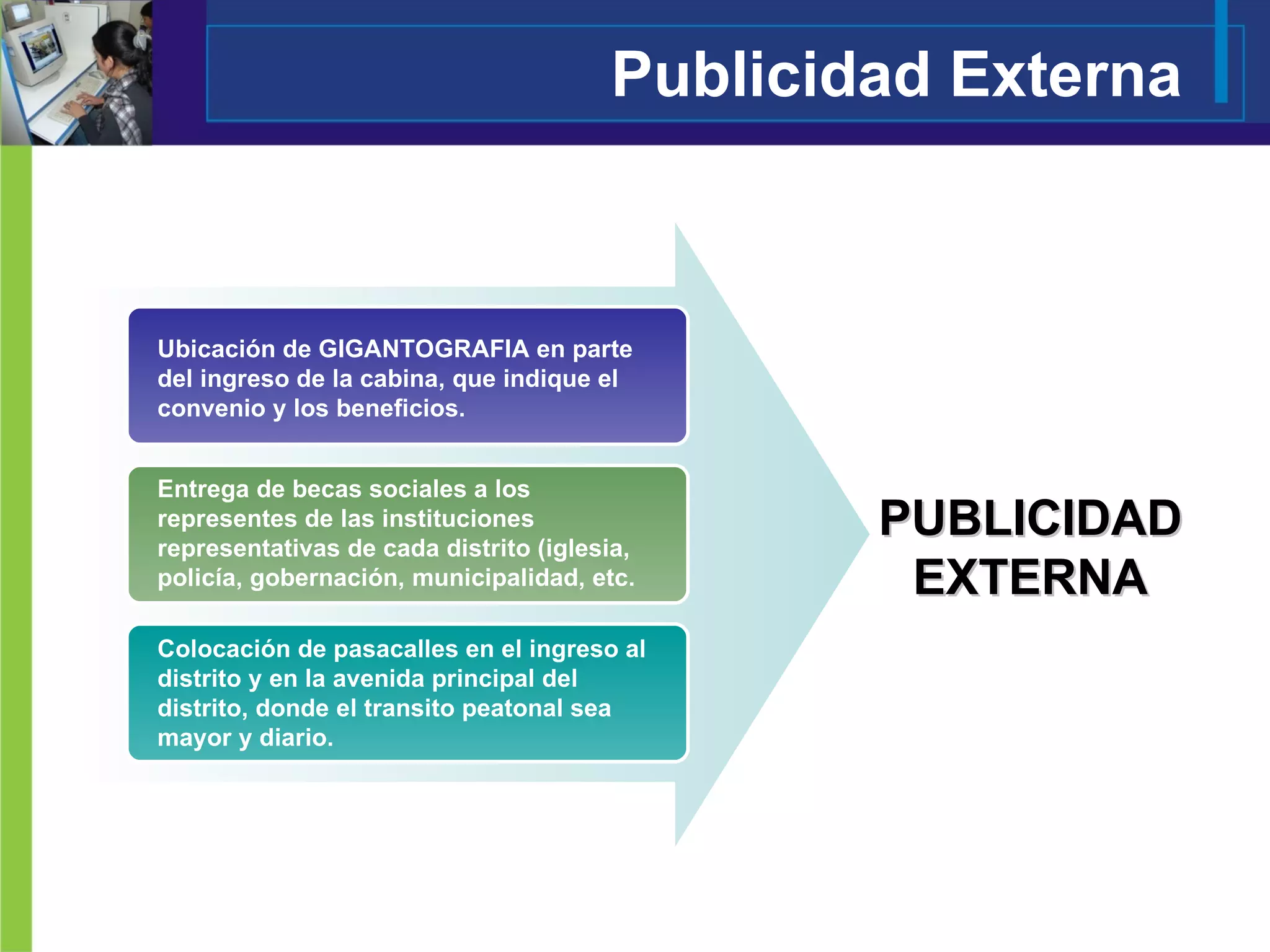 Publicidad Externa PUBLICIDAD EXTERNA Ubicación de GIGANTOGRAFIA en parte del ingreso de la cabina, que indique el convenio y los beneficios. Entrega de becas sociales a los representes de las instituciones representativas de cada distrito (iglesia, policía, gobernación, municipalidad, etc. Colocación de pasacalles en el ingreso al distrito y en la avenida principal del distrito, donde el transito peatonal sea mayor y diario. 