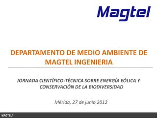 DEPARTAMENTO DE MEDIO AMBIENTE DE
             MAGTEL INGENIERIA

          JORNADA CIENTÍFICO-TÉCNICA SOBRE ENERGÍA EÓLICA Y
                  CONSERVACIÓN DE LA BIODIVERSIDAD

                        Mérida, 27 de junio 2012

MAGTEL®
 