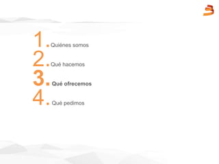 1.Quiénes somos
2.Qué hacemos
3.Qué ofrecemos
4.Qué pedimos
 