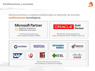 Subvencionamos a nuestros profesionales la obtención de diversas
certificaciones tecnológicas.
Certificaciones y acuerdos
El 30% del personal técnico
tiene certificación MCAD y MCPD.
Más del 25% del personal técnico
posee certificación OCJP, OCWCD y OCA 11g
Más del 15% del personal técnico
está certificado en diversas tecnologías
 