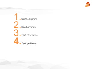 1.Quiénes somos
2.Qué hacemos
3.Qué ofrecemos
4.Qué pedimos
 