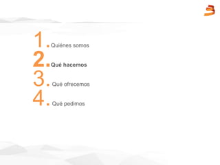 1.Quiénes somos
2.Qué hacemos
3.Qué ofrecemos
4.Qué pedimos
 