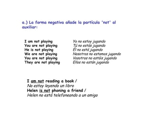 a.) La forma negativa añade la partícula 'not' al auxiliar: I  am not  reading a book  /  No estoy leyendo un libro Helen  is not  phoning a friend  /  Helen no está telefoneando a un amigo   Yo no estoy jugando Tú no estás jugando Él no está jugando Nosotros no estamos jugando Vosotros no estáis jugando Ellos no están jugando I am not playing You are not playing He is not playing We are not playing You are not playing They are not playing   
