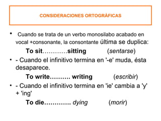 Cuando se trata de un verbo monosilabo acabado en vocal +consonante, la consontante  última se duplica: To sit ………… sitting             ( sentarse ) - Cuando el infinitivo termina en '-e' muda, ésta desaparece. To write……….   writing             ( escribir ) - Cuando el infinitivo termina en 'ie' cambia a 'y' + 'ing' To die………….   dying             ( morir ) CONSIDERACIONES ORTOGRÁFICAS 