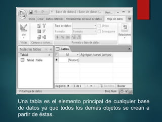Una tabla es el elemento principal de cualquier base
de datos ya que todos los demás objetos se crean a
partir de éstas.
 