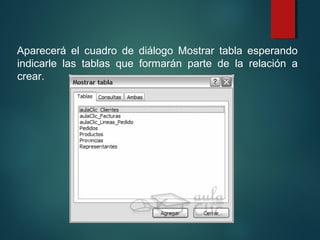 Aparecerá el cuadro de diálogo Mostrar tabla esperando
indicarle las tablas que formarán parte de la relación a
crear.
 
