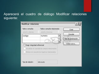 Aparecerá el cuadro de diálogo Modificar relaciones
siguiente:
 