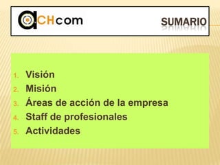 SUMARIO
1. Visión
2. Misión
3. Áreas de acción de la empresa
4. Staff de profesionales
5. Actividades
 