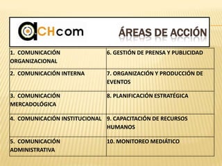 ÁREAS DE ACCIÓN
1. COMUNICACIÓN
ORGANIZACIONAL
6. GESTIÓN DE PRENSA Y PUBLICIDAD
2. COMUNICACIÓN INTERNA 7. ORGANIZACIÓN Y PRODUCCIÓN DE
EVENTOS
3. COMUNICACIÓN
MERCADOLÓGICA
8. PLANIFICACIÓN ESTRATÉGICA
4. COMUNICACIÓN INSTITUCIONAL 9. CAPACITACIÓN DE RECURSOS
HUMANOS
5. COMUNICACIÓN
ADMINISTRATIVA
10. MONITOREO MEDIÁTICO
 