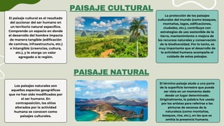 El paisaje cultural es el resultado
del accionar del ser humano en
un territorio natural específico.
Comprende un espacio en donde
el desarrollo del hombre impacta
de manera tangible (edificación
de caminos, infraestructura, etc.)
e intangible (creencias, cultura,
etc.), y le otorga un valor
agregado a la región.
La protección de los paisajes
culturales del mundo (como bosques,
montañas, lagos, edificaciones,
ciudades, etc.), contribuye con
estrategias de uso sostenible de la
tierra, mantenimiento o mejora de
los recursos naturales y conservación
de la biodiversidad. Por lo tanto, es
muy importante que el desarrollo de
la actividad humana acompañe el
cuidado de estos paisajes.
PAISAJE CULTURAL
PAISAJE NATURAL
Los paisajes naturales son
aquellos espacios geográficos
que no han sido modificados por
el ser humano. En
contraposición, los sitios
alterados por la actividad
humana se conocen como
paisajes culturales.
El término paisaje alude a una parte
de la superficie terrestre que puede
ser vista en un momento dado
desde un lugar determinado.
Originalmente, la palabra fue usada
por los artistas para referirse a las
pinturas de escenas de la
naturaleza (como montañas,
bosques, ríos, etc.), en las que se
omitía la presencia humana.
 