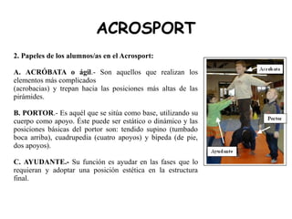 ACROSPORT
2. Papeles de los alumnos/as en el Acrosport:
A. ACRÓBATA o ágil.- Son aquellos que realizan los
elementos más complicados
(acrobacias) y trepan hacia las posiciones más altas de las
pirámides.
B. PORTOR.- Es aquél que se sitúa como base, utilizando su
cuerpo como apoyo. Éste puede ser estático o dinámico y las
posiciones básicas del portor son: tendido supino (tumbado
boca arriba), cuadrupedia (cuatro apoyos) y bípeda (de pie,
dos apoyos).
C. AYUDANTE.- Su función es ayudar en las fases que lo
requieran y adoptar una posición estética en la estructura
final.
 