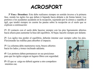 ACROSPORT
3ª Fase.- Desenlace: Este debe realizarse siempre en sentido inverso a la primera
fase, siendo los ágiles los que deben ir bajando hacia delante o de forma lateral. Los
portores o los ayudantes ayudarán en la recepción, sujetando por la cintura y espalda al
ágil, que tendrá siempre en cuenta las pautas sobre la recepción en el suelo que se
explican a continuación:
1º- El contacto con el suelo debe hacerse siempre con los pies ligeramente abiertos
hacia afuera para aumentar la base del equilibrio. Al bajar, hacerlo siempre por delante.
2º- Los ágiles tras perder el equilibrio, deberán intentar caer siempre sobre los pies.
Flexionando las rodillas para absorber el impacto.
3º- La columna debe mantenerse recta, brazos abiertos
hacia los lados y tronco inclinado adelante.
4º- Los portores deben permanecer en sus posiciones
para que los ágiles caigan en lugares libres con seguridad.
5º- El que se caiga no deberá agarrar a otro compañero
mientras cae.
 