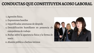 CONDUCTASQUECONSTITUYENACOSOLABORAL
Agresión física.
1.
Expresiones hostiles
2.
Injustificadas amenazas de despido
3.
Descalificación humillante en presencia de
compañeros de trabajo
4.
Burlas sobre la apariencia física y la forma de
vestir.
5.
Alusión pública a hechos íntimos
6.
 