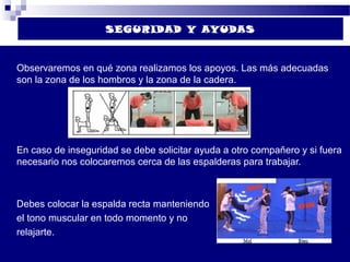 SEGURIDAD Y AYUDAS


Observaremos en qué zona realizamos los apoyos. Las más adecuadas
son la zona de los hombros y la zona de la cadera.




En caso de inseguridad se debe solicitar ayuda a otro compañero y si fuera
necesario nos colocaremos cerca de las espalderas para trabajar.



Debes colocar la espalda recta manteniendo
el tono muscular en todo momento y no
relajarte.
 