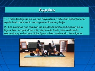 Ayudas

1.- Todas las figuras en las que haya altura o dificultad deberán tener
ayuda tanto para subir, como para colocarse y bajar.
2.- Los alumnos que realizan las ayudas también participarán en la
figura, bien acoplándose a la misma más tarde, bien realizando
elementos que decoren dicha figura o bien realizando otras figuras.
 