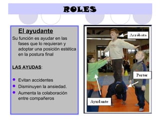 ROLES

  El ayudante
Su función es ayudar en las
  fases que lo requieran y
  adoptar una posición estética
  en la postura final

LAS AYUDAS:

 Evitan accidentes
 Disminuyen la ansiedad.
 Aumenta la colaboración
  entre compañeros
 