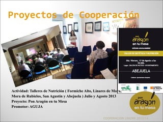 Actividad: Talleres de Nutrición ( Formiche Alto, Linares de Mora,Actividad: Talleres de Nutrición ( Formiche Alto, Linares de Mora,
Mora de Rubielos, San Agustín y Abejuela ) Julio y Agosto 2013Mora de Rubielos, San Agustín y Abejuela ) Julio y Agosto 2013
Proyecto: Pon Aragón en tu MesaProyecto: Pon Aragón en tu Mesa
Promotor: AGUJAPromotor: AGUJA
COOPERACIÓN LEADER 2013/14
Proyectos de Cooperación
 