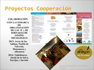 COLABORACIÓN
CON LA COMARCA
DE
ORGANIZACIÓN
DE LAS II y III
JORNADAS DE
OTOÑO
MICOLÓGICO
2013: Arcos de las
Salinas, Puebla de
Valverde,
Manzanera y
Albentosa
2014: Valdelinares,
Alcalá de la Selva,
Torrijas y Sarrión
OTRAS ACTIVIDADES: PROYECTOS
LEADER
Proyectos Cooperación
 