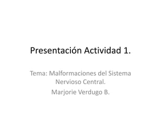 Presentación Actividad 1.
Tema: Malformaciones del Sistema
Nervioso Central.
Marjorie Verdugo B.
 