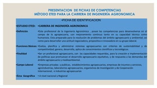 PRESENTACION DE FICHAS DE COMPETENCIAS
MÉTODO ETED PARA LA CARRERA DE INGENIERÍA AGRONOMICA
FICHA DE IDENTIFICACION

●

ESTUDIO ETED:

●

Definición

●

●

●

●

CARRERA DE INGENIERÍA AGRONOMICA

Este profesional de la Ingeniería Agronómica , posee las competencias para desenvolverse en el
campo de la agropecuaria, con mejoramiento continuo tanto en su capacidad técnica como
humanista. Esta preparado para la resolución de problemas del ámbito agropecuario y ambiental; así
como para desarrollar una actitud negociadora, propositiva e innovadora en su grupo laboral.

Funciones Básicas: ●Evalúa, planifica y administrar sistemas agropecuarios con criterios de sustentabilidad y de
competitividad; genera, desarrolla, aplica de conocimientos científicos y tecnológicos.

●

Finalidad

●

Ser un profesional agropecuario, con las capacidades requeridas, para la creación e implementación
de políticas que promuevan el desarrollo agropecuario equitativo, y de respuesta a las demandas del
ámbito agropecuario y medioambiental.

●

Campo Laboral

●

●

Área Geográfica

●

Empresas privadas y publicas, establecimientos agropecuarios, empresas de insumos y servicios,
agroindustrias, laboratorios agropecuarios, organismos de Investigación y de Cooperación
Internacional, e industrias agropecuarias
A nivel nacional y Regional

 