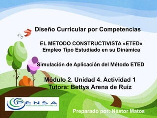 Diseño Curricular por Competencias
EL METODO CONSTRUCTIVISTA «ETED»
Empleo Tipo Estudiado en su Dinámica
Simulación de Aplicación del Método ETED

Módulo 2. Unidad 4. Actividad 1
Tutora: Bettys Arena de Ruíz

Preparado por: Néstor Matos

 