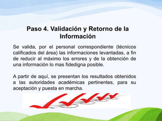 Paso 4. Validación y Retorno de la
Información
Se valida, por el personal correspondiente (técnicos
calificados del área) las informaciones levantadas, a fin
de reducir al máximo los errores y de la obtención de
una información lo mas fidedigna posible.

A partir de aquí, se presentan los resultados obtenidos
a las autoridades académicas pertinentes, para su
aceptación y puesta en marcha.

 