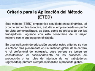 Criterio para la Aplicación del Método
(ETED)
Este método (ETED) empleo tipo estudiado en su dinámica, tal
y como su nombre lo indica, estudia el empleo desde un punto
de vista contextualizado, es decir, como es practicado por los
trabajadores, logrando con esto conectarse de la mejor
manera con lo que pasa en el trabajo.
En una institución de educación superior estos criterios se van
a enfocar mas plenamente en La finalidad global de la carrera
o rol profesional del egresado, pues aunque se tomen en
consideración el posicionamiento en los procesos de
producción o los roles de interface de los trabajadores
(egresados), primará siempre la finalidad o propósito global.

 
