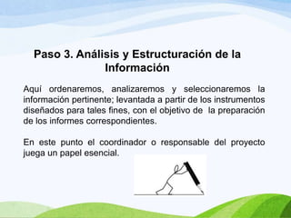 Paso 3. Análisis y Estructuración de la
Información
Aquí ordenaremos, analizaremos y seleccionaremos la
información pertinente; levantada a partir de los instrumentos
diseñados para tales fines, con el objetivo de la preparación
de los informes correspondientes.
En este punto el coordinador o responsable del proyecto
juega un papel esencial.

 