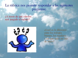 La rúbrica nos permite responder a las siguientes
preguntas:
¿A través de qué criterios
será juzgado el trabajo?
¿Cuál es la diferencia
entre los trabajos
buenos, los regulares
y los que están en fase
de inicio?
 