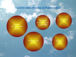 INSTRUMENTOS DE INFORMACIÓNINSTRUMENTOS DE INFORMACIÓN
Exposición
oral
Registro
de obervación
directa
Cuaderno del
alumno
Puesta en
común
Actividades
de aplicación de
lo aprendido
 