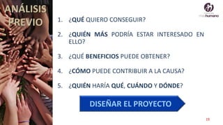 19
1. ¿QUÉ QUIERO CONSEGUIR?
2. ¿QUIÉN MÁS PODRÍA ESTAR INTERESADO EN
ELLO?
3. ¿QUÉ BENEFICIOS PUEDE OBTENER?
4. ¿CÓMO PUEDE CONTRIBUIR A LA CAUSA?
5. ¿QUIÉN HARÍA QUÉ, CUÁNDO Y DÓNDE?
DISEÑAR EL PROYECTO
ANÁLISIS
PREVIO
 