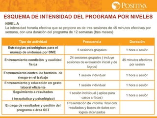 ESQUEMA DE INTENSIDAD DEL PROGRAMA POR NIVELES
NIVEL A
La intensidad horaria efectiva que se propone es de tres sesiones de 45 minutos efectivos por
semana, con una duración del programa de 12 semanas (tres meses)
Tipo de actividad Frecuencia Duración
Estrategias psicológicas para el
manejo de síntomas por DME
5 sesiones grupales 1 hora x sesión
Entrenamiento condición y cualidad
física
24 sesiones grupales ( incluye
sesiones de evaluación inicial y de
logros)
45 minutos efectivos
por sesión
Entrenamiento control de factores de
riesgo en el trabajo
1 sesión individual 1 hora x sesión
Entrenamiento y educación en gesto
laboral eficiente
1 sesión individual 1 hora x sesión
Seguimiento a resultados
( terapéutico y psicológico)
1 sesión individual ( aplica para
casos críticos)
1 hora x sesión
Entrega de resultados y gestión del
programa a área SST
Presentación de informe final con
resultados y bases de datos con
logros alcanzados
 