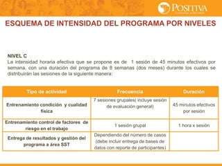 ESQUEMA DE INTENSIDAD DEL PROGRAMA POR NIVELES
NIVEL C
La intensidad horaria efectiva que se propone es de 1 sesión de 45 minutos efectivos por
semana, con una duración del programa de 8 semanas (dos meses) durante los cuales se
distribuirán las sesiones de la siguiente manera:
Tipo de actividad Frecuencia Duración
Entrenamiento condición y cualidad
física
7 sesiones grupales( incluye sesión
de evaluación general) 45 minutos efectivos
por sesión
Entrenamiento control de factores de
riesgo en el trabajo
1 sesión grupal 1 hora x sesión
Entrega de resultados y gestión del
programa a área SST
Dependiendo del número de casos
(debe incluir entrega de bases de
datos con reporte de participantes)
 