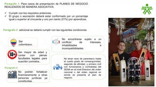 Parágrafo 1: Para casos de presentación de PLANES DE NEGOCIO
REALIZADOS DE MANERA ASOCIATIVA:
 Cumplir con los requisitos anteriores.
 El grupo o asociación deberá estar conformado por un porcentaje
igual o superior al cincuenta y uno por ciento (51%) por aprendices.
Ser
colombiano.
Ser mayor de edad y
contar con plenas
facultades legales para
suscribir contratos..
No podrán fortalecer
financieramente a otras
personas jurídicas ya
constituidas.
No encontrarse sujeto a un
conflicto de intereses,
inhabilidades e
incompatibilidades.
No tener nexo de parentesco hasta
el cuarto grado de consanguinidad,
segundo de afinidad, y primero civil
con funcionarios o contratistas del
SENA en el nivel Directivo del orden
nacional o del orden regional en
donde se presenta el plan de
negocio.
Parágrafo 2: adicional se deberá cumplir con las siguientes condiciones
Parágrafo 3:
 