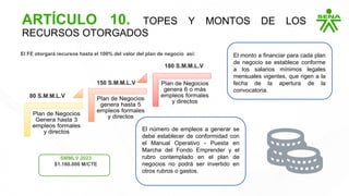 ARTÍCULO 10. TOPES Y MONTOS DE LOS
RECURSOS OTORGADOS
80 S.M.M.L.V
150 S.M.M.L.V
180 S.M.M.L.V
SMMLV 2023
$1.160.000 M/CTE
El monto a financiar para cada plan
de negocio se establece conforme
a los salarios mínimos legales
mensuales vigentes, que rigen a la
fecha de la apertura de la
convocatoria.
El número de empleos a generar se
debe establecer de conformidad con
el Manual Operativo - Puesta en
Marcha del Fondo Emprender y el
rubro contemplado en el plan de
negocios no podrá ser invertido en
otros rubros o gastos.
El FE otorgará recursos hasta el 100% del valor del plan de negocio así:
 