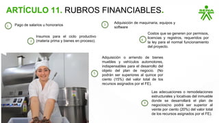 ARTÍCULO 11. RUBROS FINANCIABLES.
Pago de salarios u honorarios
Insumos para el ciclo productivo
(materia prima y bienes en proceso).
1
2
Adquisición o arriendo de bienes
muebles y vehículos automotores,
indispensables para el desarrollo del
objeto del plan de negocio. (No
podrán ser superiores al quince por
ciento (15%) del valor total de los
recursos asignados por el FE).
Las adecuaciones o remodelaciones
estructurales y locativas del inmueble
donde se desarrollará el plan de
negocios(no podrá ser superior al
veinte por ciento (20%) del valor total
de los recursos asignados por el FE).
5
6
Adquisición de maquinaria, equipos y
software
3
Costos que se generen por permisos,
licencias y registros, requeridos por
la ley para el normal funcionamiento
del proyecto.
4
 