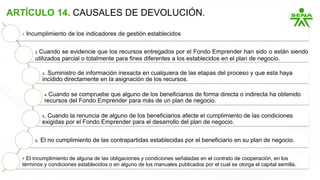 ARTÍCULO 14. CAUSALES DE DEVOLUCIÓN.
1. Incumplimiento de los indicadores de gestión establecidos
2. Cuando se evidencie que los recursos entregados por el Fondo Emprender han sido o están siendo
utilizados parcial o totalmente para fines diferentes a los establecidos en el plan de negocio.
3. Suministro de información inexacta en cualquiera de las etapas del proceso y que esta haya
incidido directamente en la asignación de los recursos.
4. Cuando se compruebe que alguno de los beneficiarios de forma directa o indirecta ha obtenido
recursos del Fondo Emprender para más de un plan de negocio.
5. Cuando la renuncia de alguno de los beneficiarios afecte el cumplimiento de las condiciones
exigidas por el Fondo Emprender para el desarrollo del plan de negocio.
6. El no cumplimiento de las contrapartidas establecidas por el beneficiario en su plan de negocio.
7. El incumplimiento de alguna de las obligaciones y condiciones señaladas en el contrato de cooperación, en los
términos y condiciones establecidos o en alguno de los manuales publicados por el cual se otorga el capital semilla.
 