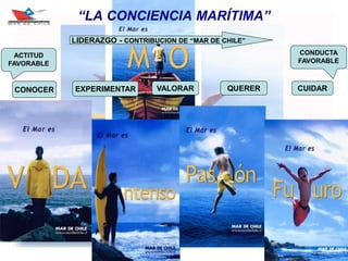 10
“LA CONCIENCIA MARÍTIMA”
CONOCER EXPERIMENTAR VALORAR QUERER CUIDAR
LIDERAZGO - CONTRIBUCION DE “MAR DE CHILE”
ACTITUD
FAVORABLE
CONDUCTA
FAVORABLE
 