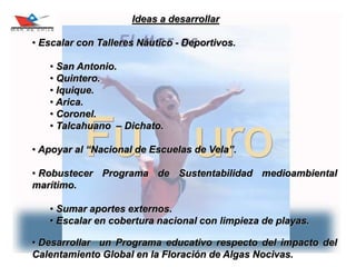 29
Ideas a desarrollar
• Escalar con Talleres Náutico - Deportivos.
• San Antonio.
• Quintero.
• Iquique.
• Arica.
• Coronel.
• Talcahuano – Dichato.
• Apoyar al “Nacional de Escuelas de Vela”.
• Robustecer Programa de Sustentabilidad medioambiental
marítimo.
• Sumar aportes externos.
• Escalar en cobertura nacional con limpieza de playas.
• Desarrollar un Programa educativo respecto del impacto del
Calentamiento Global en la Floración de Algas Nocivas.
 