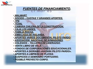 31
FUENTES DE FINANCIAMIENTO.
• WALMART.
• SOCIOS – CUOTAS Y GRANDES APORTES.
• TPS
• TCVAL
• CAMARA CHILENA DE LA CONSTRUCCIÓN.
• CAJA LOS ANDES.
• FAMILIA ROCHA.
• EMBAJADA DE HOLANDA.
• APORTES VARIOS DOCUMENTAL PILOTO PARDO.
• ASOCIACION NACIONAL DE ARMADORES.
• COLEGIOS – TALLERES DE LIDERAZGO.
• VENTA LIBRO DE VELA.
• FONDOS DE CORPORACIONES EDUCACIONALES.
• APORTES A DIORAMA «HAZAÑA PILOTO PARDO».
• APORTES A LIMPIEZA DE PLAYAS.
• AUSPICIOS A SEMINARIO PORTUARIO.
• POSIBLE PROYECTO CORFO.
 
