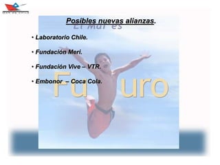 32
Posibles nuevas alianzas.
• Laboratorio Chile.
• Fundación Meri.
• Fundación Vive – VTR.
• Embonor – Coca Cola.
 