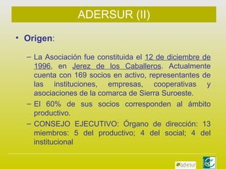 ADERSUR (II) Origen : La Asociación fue constituida el  12 de diciembre de 1996 , en  Jerez de los Caballeros . Actualmente cuenta con 169 socios en activo, representantes de las instituciones, empresas, cooperativas y asociaciones de la comarca de Sierra Suroeste. El 60% de sus socios corresponden al ámbito productivo. CONSEJO EJECUTIVO: Órgano de dirección: 13 miembros: 5 del productivo; 4 del social; 4 del institucional  