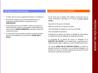 PROTECCIÓN DEL MENOR ACOGIMIENTO INSTITUCIONAL O RESIDENCIAL ACOGIMIENTO EN HOGAR FUNCIONAL A medio camino entre el acogimiento familiar y el residencial  Permite dar respuesta a las mismas situaciones que un acogimiento profesionalizado y al igual que éste es  REMUNERADO . Se caracteriza por ser una entidad o núcleo de convivencia similar al familiar donde su responsable o responsables, que han de tener la  DEBIDA FORMACIÓN  profesional, residen de modo permanente.  En cada hogar funcional podrán acogerse el número máximo de menores establecido normativamente ( ENTRE TRES Y OCHO ).  En los casos que se adopte esta medida, se procurará que el menor permanezca ingresado en el centro  el menor tiempo posible.  Supuestos en los que se contempla: Menores próximos a la mayoría de edad,  Con dificultades de adaptarse a vivir en otra familia,  Con necesidades especiales o, Cuando por las razones que fueran, ha debido de interrumpirse la medida previamente adoptada de acogimiento familiar. La titularidad de la guarda del menor es delegada en el  DIRECTOR  DEL CENTRO , con la colaboración y supervisión de la Administración y bajo la vigilancia y control del Ministerio Fiscal. Los centros  DEBEN SER DE CARÁCTER ABIERTO , y cuando así proceda, facilitar las relaciones con las familias biológicas o la estancia del menor en familias colaboradoras durantes los fines de semana o periodos de vacaciones. 