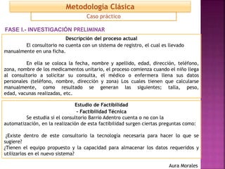 Caso práctico
Estudio de Factibilidad
- Factibilidad Técnica
Se estudia si el consultorio Barrio Adentro cuenta o no con la
automatización, en la realización de esta factibilidad surgen ciertas preguntas como:
¿Existe dentro de este consultorio la tecnología necesaria para hacer lo que se
sugiere?
¿Tienen el equipo propuesto y la capacidad para almacenar los datos requeridos y
utilizarlos en el nuevo sistema?
FASE I.- INVESTIGACIÓN PRELIMINAR
Descripción del proceso actual
El consultorio no cuenta con un sistema de registro, el cual es llevado
manualmente en una ficha.
En ella se coloca la fecha, nombre y apellido, edad, dirección, teléfono,
zona, nombre de los medicamentos unitario, el proceso comienza cuando el niño llega
al consultorio a solicitar su consulta, el médico o enfermera llena sus datos
personales (teléfono, nombre, dirección y zona) Los cuales tienen que calcularse
manualmente, como resultado se generan las siguientes; talla, peso,
edad, vacunas realizadas, etc.
Metodología Clásica
Aura Morales
 