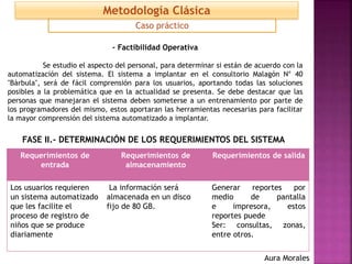 - Factibilidad Operativa
Se estudio el aspecto del personal, para determinar si están de acuerdo con la
automatización del sistema. El sistema a implantar en el consultorio Malagón N° 40
"Bàrbula", será de fácil comprensión para los usuarios, aportando todas las soluciones
posibles a la problemática que en la actualidad se presenta. Se debe destacar que las
personas que manejaran el sistema deben someterse a un entrenamiento por parte de
los programadores del mismo, estos aportaran las herramientas necesarias para facilitar
la mayor comprensión del sistema automatizado a implantar.
FASE II.- DETERMINACIÓN DE LOS REQUERIMIENTOS DEL SISTEMA
Requerimientos de
entrada
Requerimientos de
almacenamiento
Requerimientos de salida
Los usuarios requieren
un sistema automatizado
que les facilite el
proceso de registro de
niños que se produce
diariamente
La información será
almacenada en un disco
fijo de 80 GB.
Generar reportes por
medio de pantalla
e impresora, estos
reportes puede
Ser: consultas, zonas,
entre otros.
Caso práctico
Metodología Clásica
Aura Morales
 