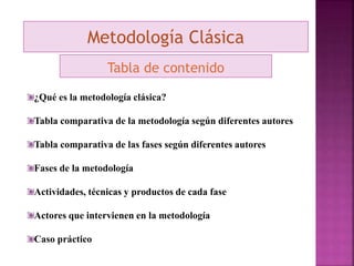 Tabla de contenido
¿Qué es la metodología clásica?
Tabla comparativa de la metodología según diferentes autores
Tabla comparativa de las fases según diferentes autores
Fases de la metodología
Actividades, técnicas y productos de cada fase
Actores que intervienen en la metodología
Caso práctico
Metodología Clásica
 