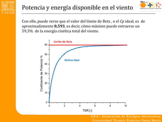 Potencia y energía disponible en el viento

Con ello, puede verse que el valor del límite de Betz , o el Cp ideal, es de
aproximadamente 0,593, es decir, cómo máximo puede extraerse un
59,3% de la energía cinética total del viento.
 