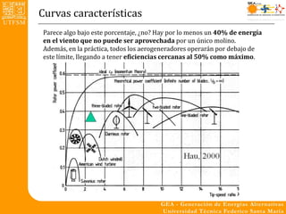 Curvas características
Parece algo bajo este porcentaje, ¿no? Hay por lo menos un 40% de energía
en el viento que no puede ser aprovechada por un único molino.
Además, en la práctica, todos los aerogeneradores operarán por debajo de
este límite, llegando a tener eficiencias cercanas al 50% como máximo.
 