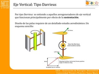Eje Vertical: Tipo Darrieus

Por tipo Darrieus se entiende a aquellos aerogeneradores de eje vertical
que funcionan principalmente por efecto de la sustentación.

Diseño de las palas requiere de un detallado estudio aerodinámico. Un
esquema sencillo:
 