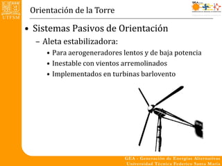 Orientación de la Torre

• Sistemas Pasivos de Orientación
  – Aleta estabilizadora:
     • Para aerogeneradores lentos y de baja potencia
     • Inestable con vientos arremolinados
     • Implementados en turbinas barlovento
 